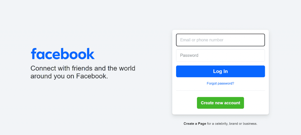 facebook login page