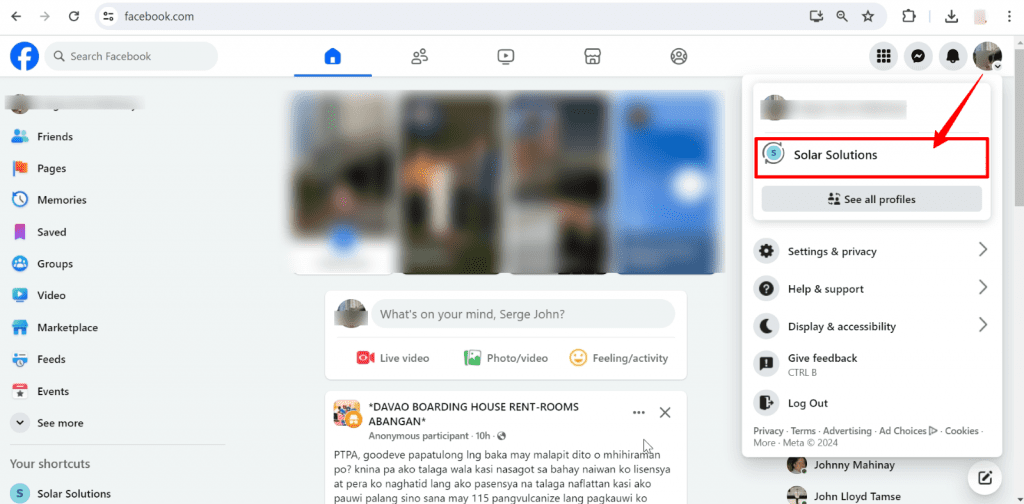 facebook homepage dropdown menu