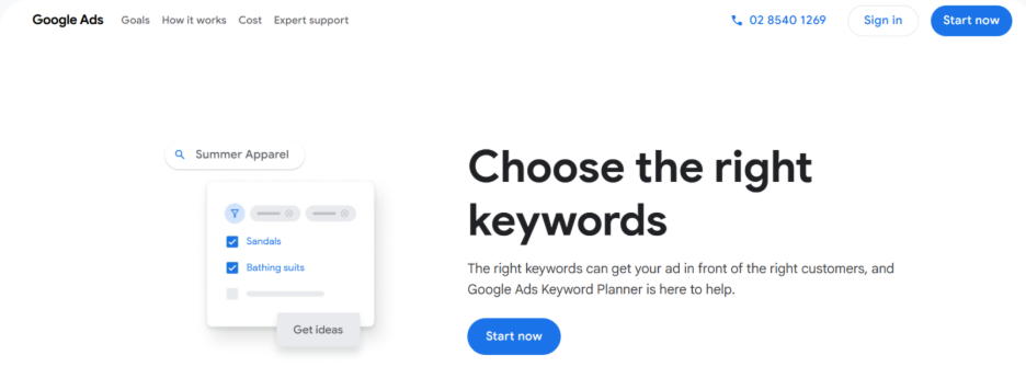 Google Keyword Planner Landing page