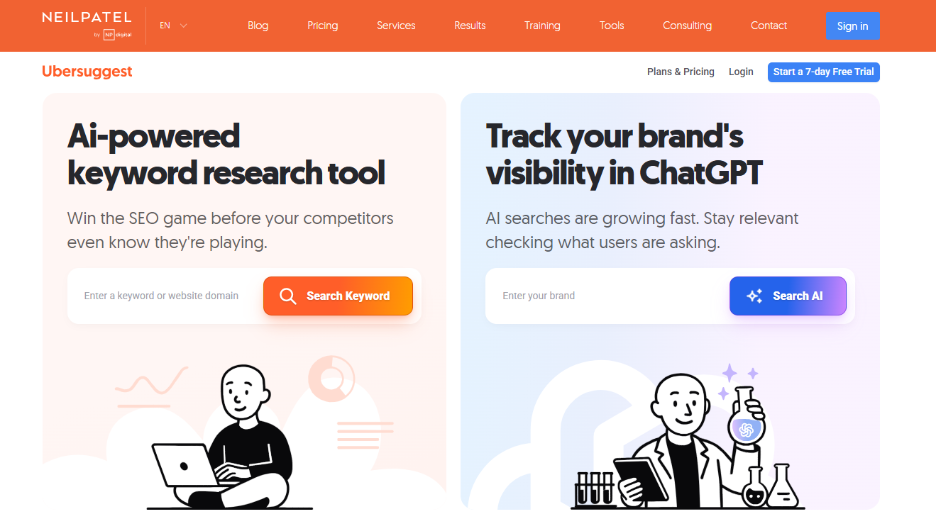 Ubersuggest landing page