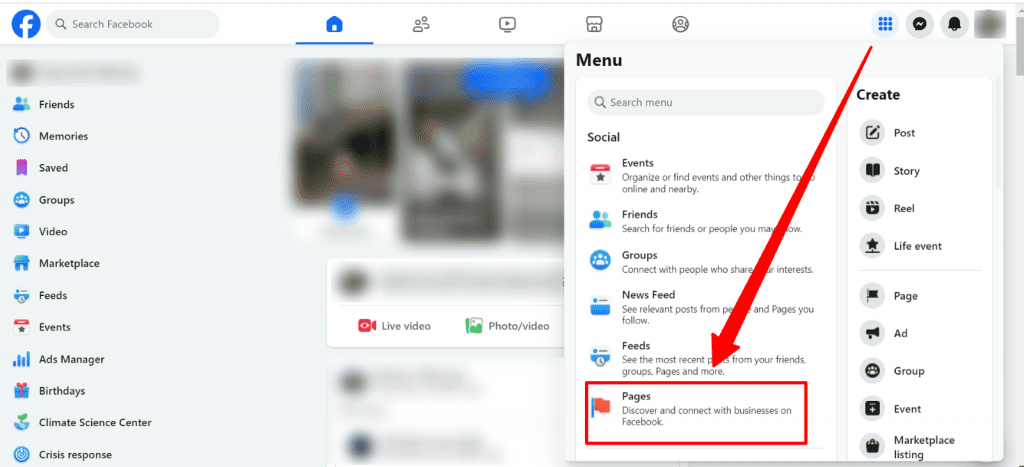 facebook menu panel highlighting what to click to see pages