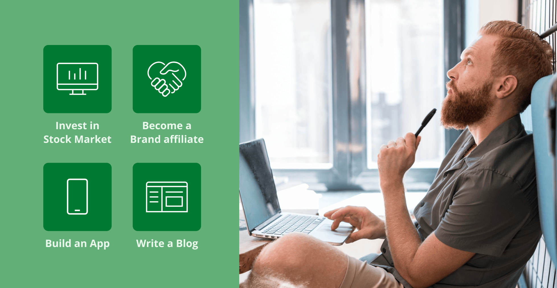 A photo of a man using a laptop, brainstorming passive income ideas