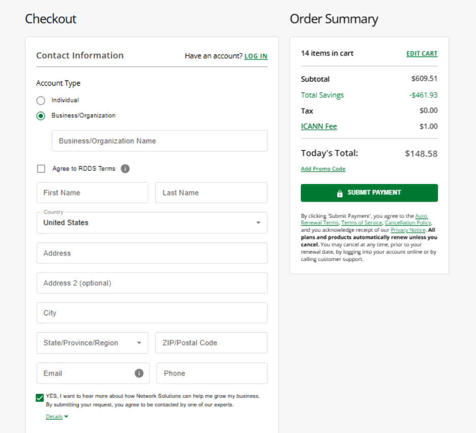 Network Solutions Domain Registration Check out page