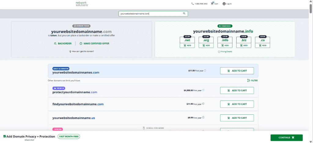 NEtwork Solutions domains page suggesting alternatives