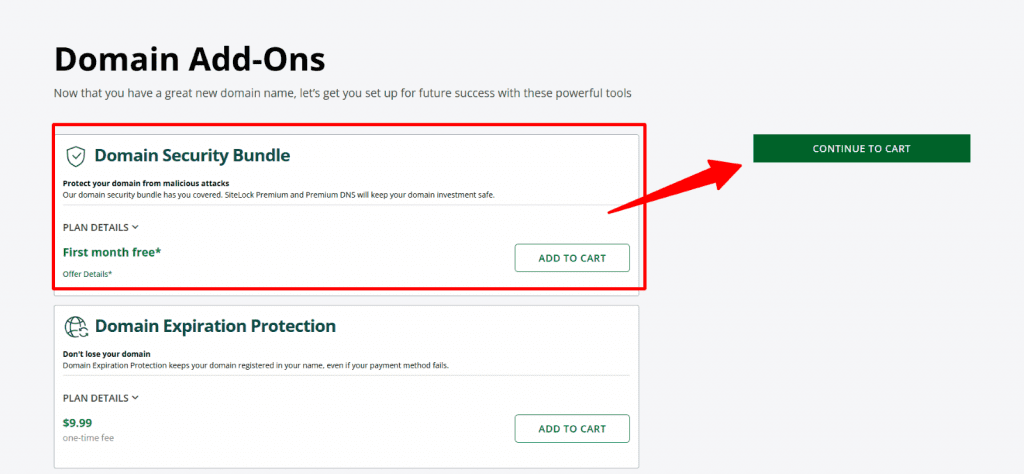 Domain registration add ons screenshot
