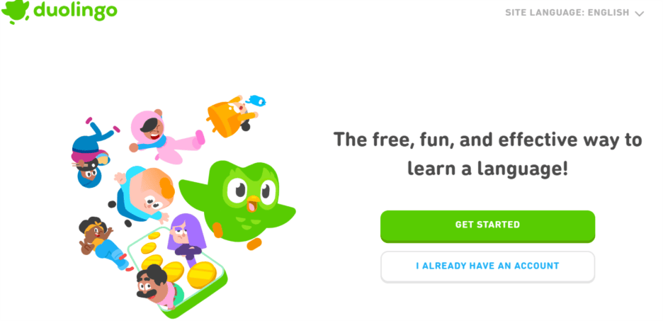 A screenshot from Duolingo. On the left, a group of Duolingo characters—Bea, Oscar, Junior, Lily, Vikram, Zari, Lucy, and Duo—emerges from a phone. On the right, the text reads The free, fun, and effective way to learn a language, with two buttons below it. get started and I already have an account.