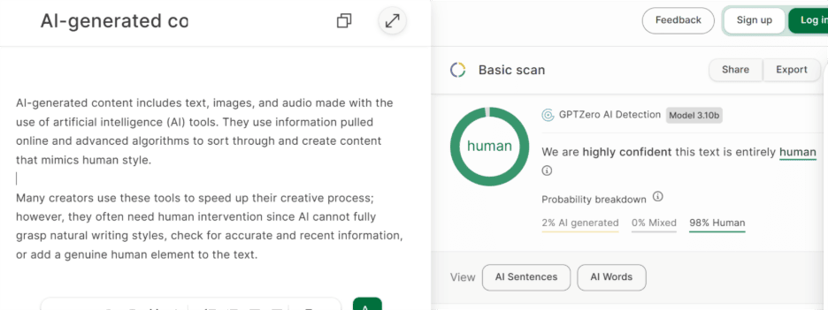 This image shows the successfully humanized AI text alongside its detection score. The left side displays the rephrased and lighter paragraph, which was edited for easier reading. On the right, the GPTZero tool confirms its success with a green score of only 2% AI generated, indicating it passed as human-written.