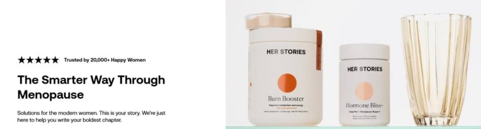 Her Stories menopause support: Burn Booster and Hormone Bliss product photo.