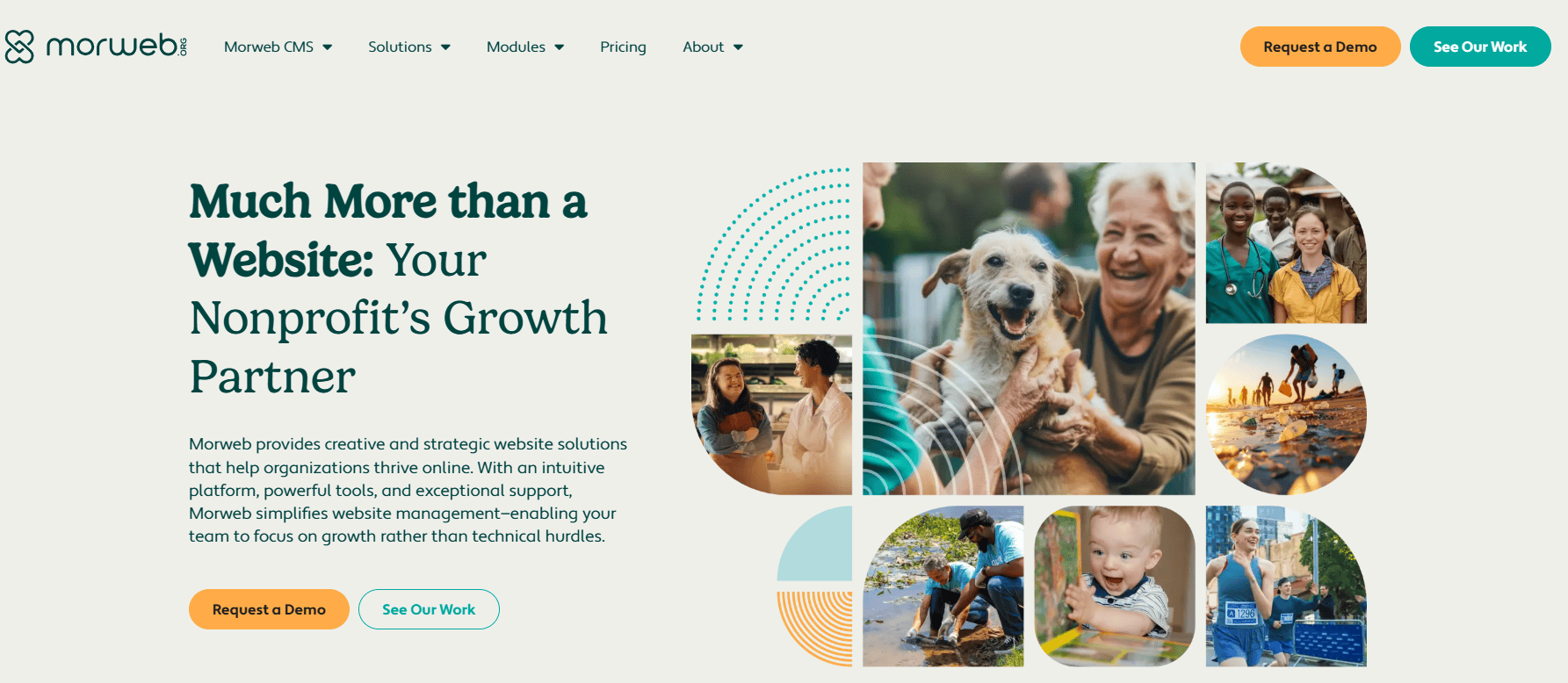 Morweb homepage. The main header text reads. "Much More than a Website. Your Nonprofit’s Growth Partner." To the right of this text are several images showcasing various nonprofits in action.