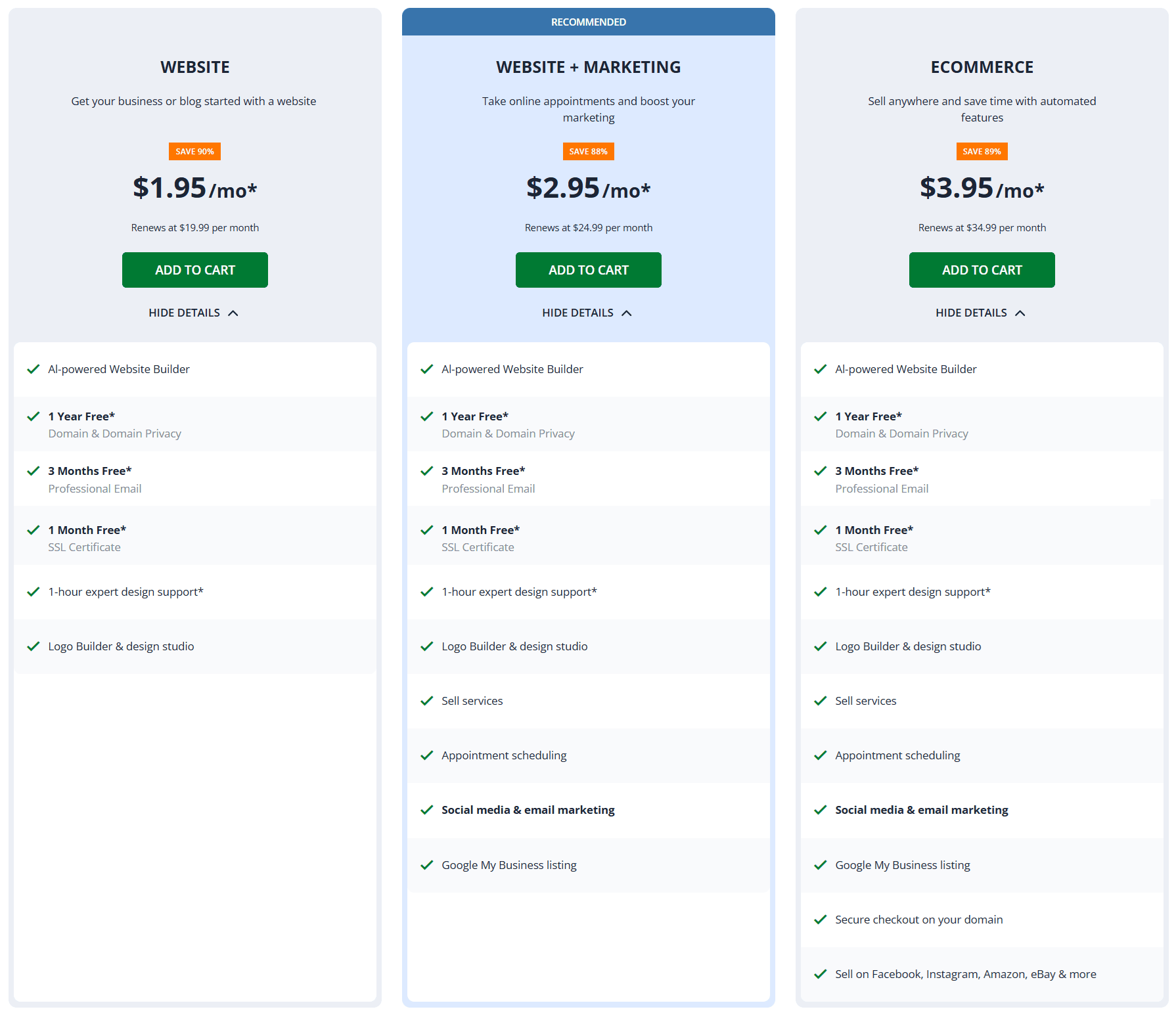 Network Solutions website builder plans and pricing. Compares three tiers. Website, Website + Marketing, and eCommerce, listing included services for each.