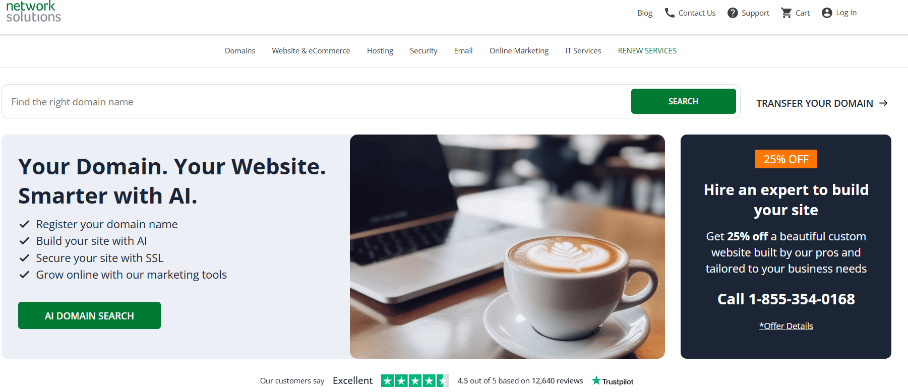 This part of the Network Solutions homepage gives you a peek at their services. On the left, it highlights core features like domain registration, AI site building, SSL security, and AI marketing tools. A separate promotional area on the right features a special 25% off deal for professional services.