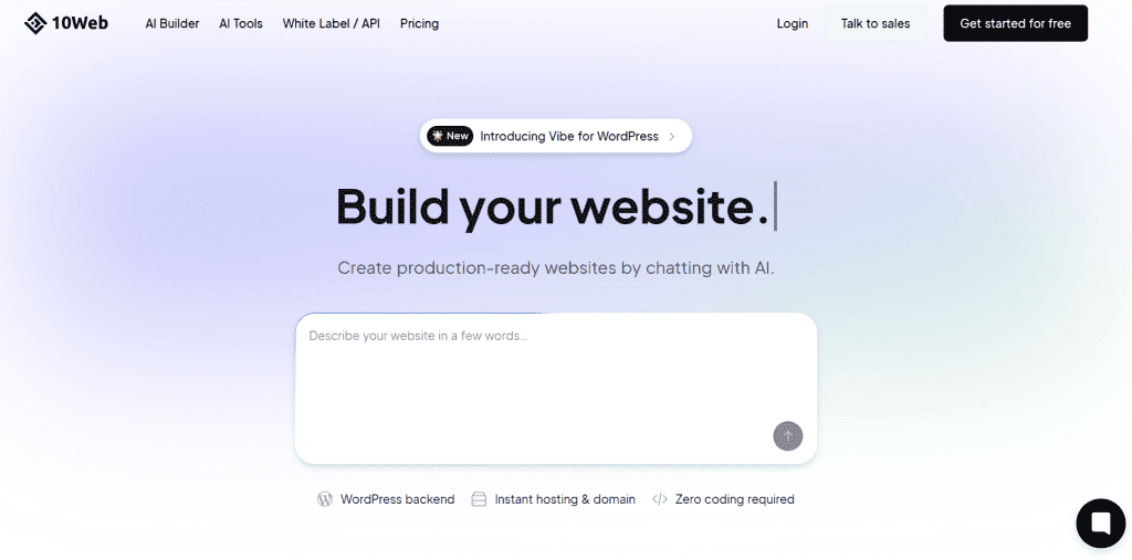Image of 10Web website main page
