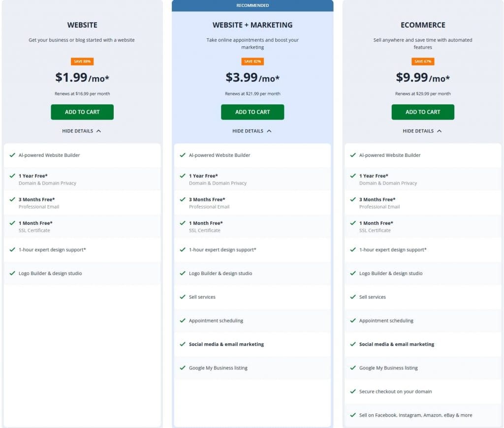Website pricing page featuring different tiers and associated prices for services offered.
