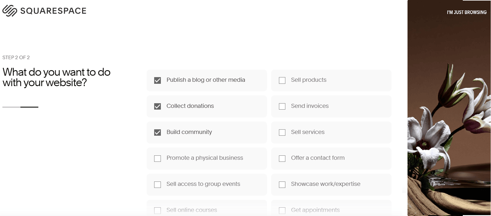 Squarespace. A website setup checklist asking the user for goals for a new nonprofit site. The options that have been checked are Publish a blog or media, Collect donations, and Build community.