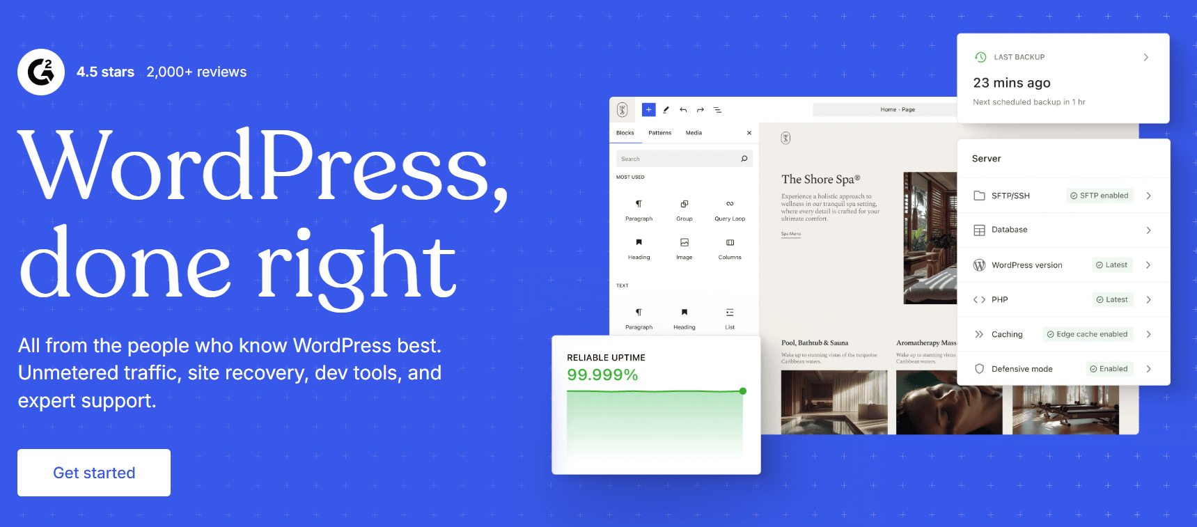 WordPress.com homepage. A visual snippet showing the WordPress dashboard interface on the right, next to the header text on the left that reads. "WordPress done right."