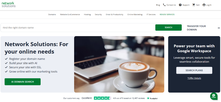 A screenshot of Network Solutions' homepage
