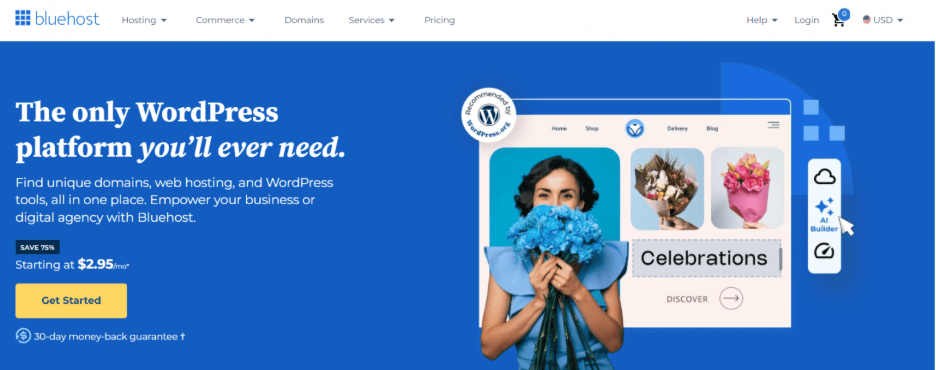 The BlueHost homepage.