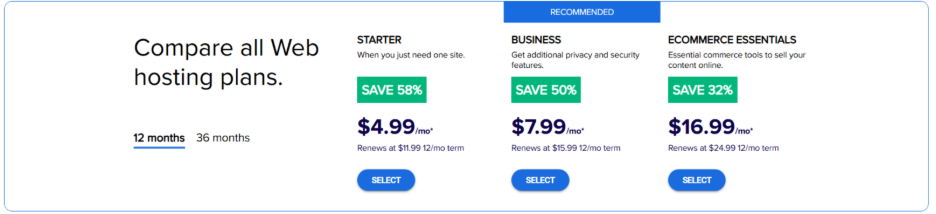 BlueHost's hosting plan prices.