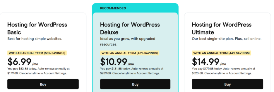 The GoDaddy hosting plans and pricing.