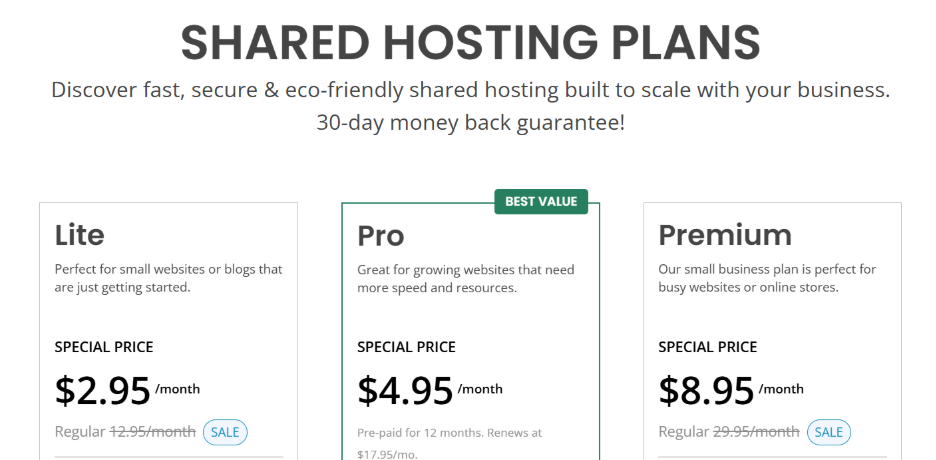 The shared hosting plans from GreenGeeks.