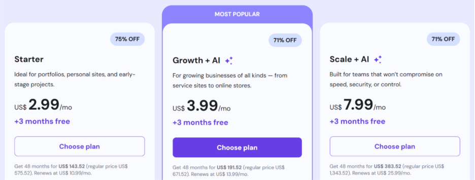 The available Hostinger hosting plans.