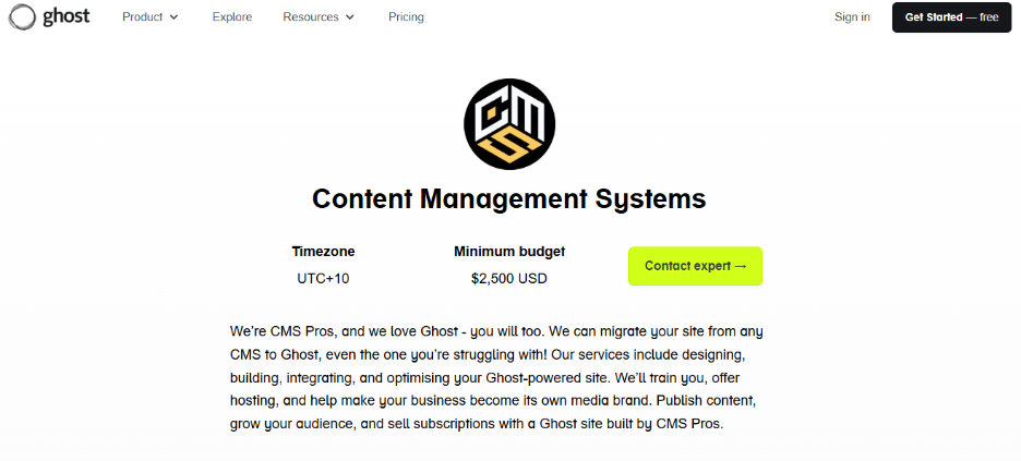 A screenshot of Ghost's homepage