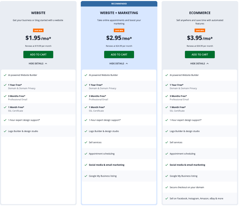 Pricing page displaying various subscription plans and their costs for a website service.