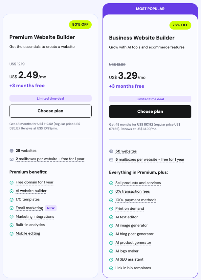 Pricing page for a website builder, displaying various plans and features available for users to choose from.