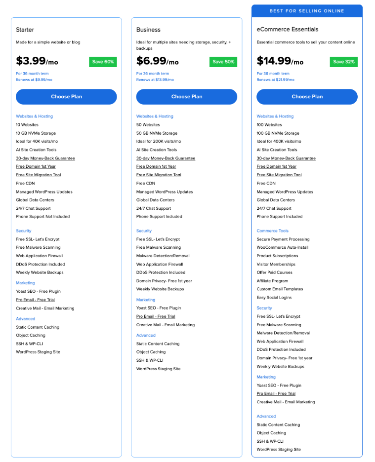 Pricing page displaying various subscription plans and their costs for a website service.