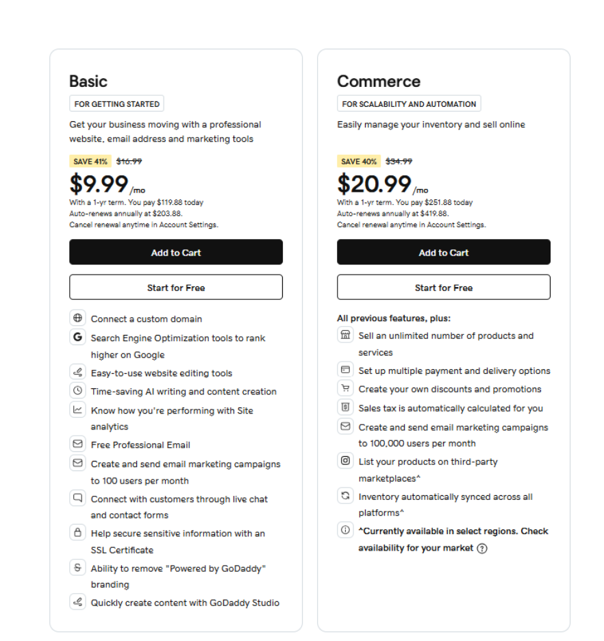 GoDaddy Pricing screenshot