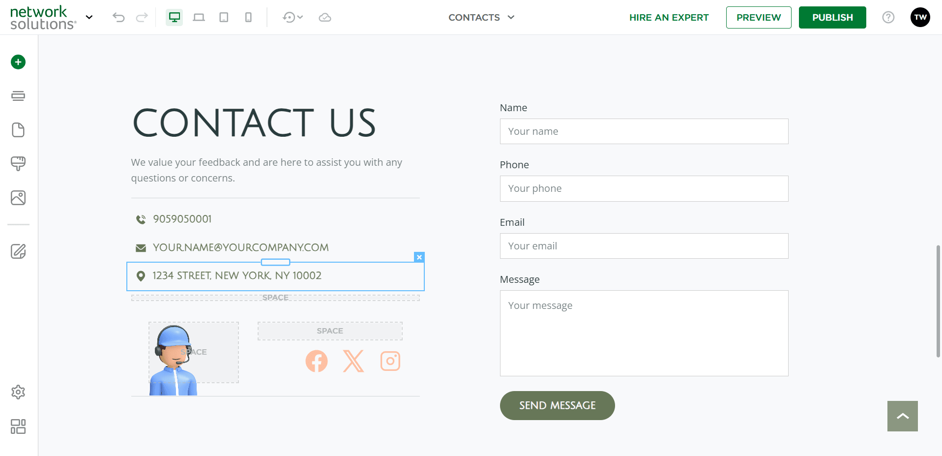 An image of Network Solutions' contact form feature in their Website Builder service.