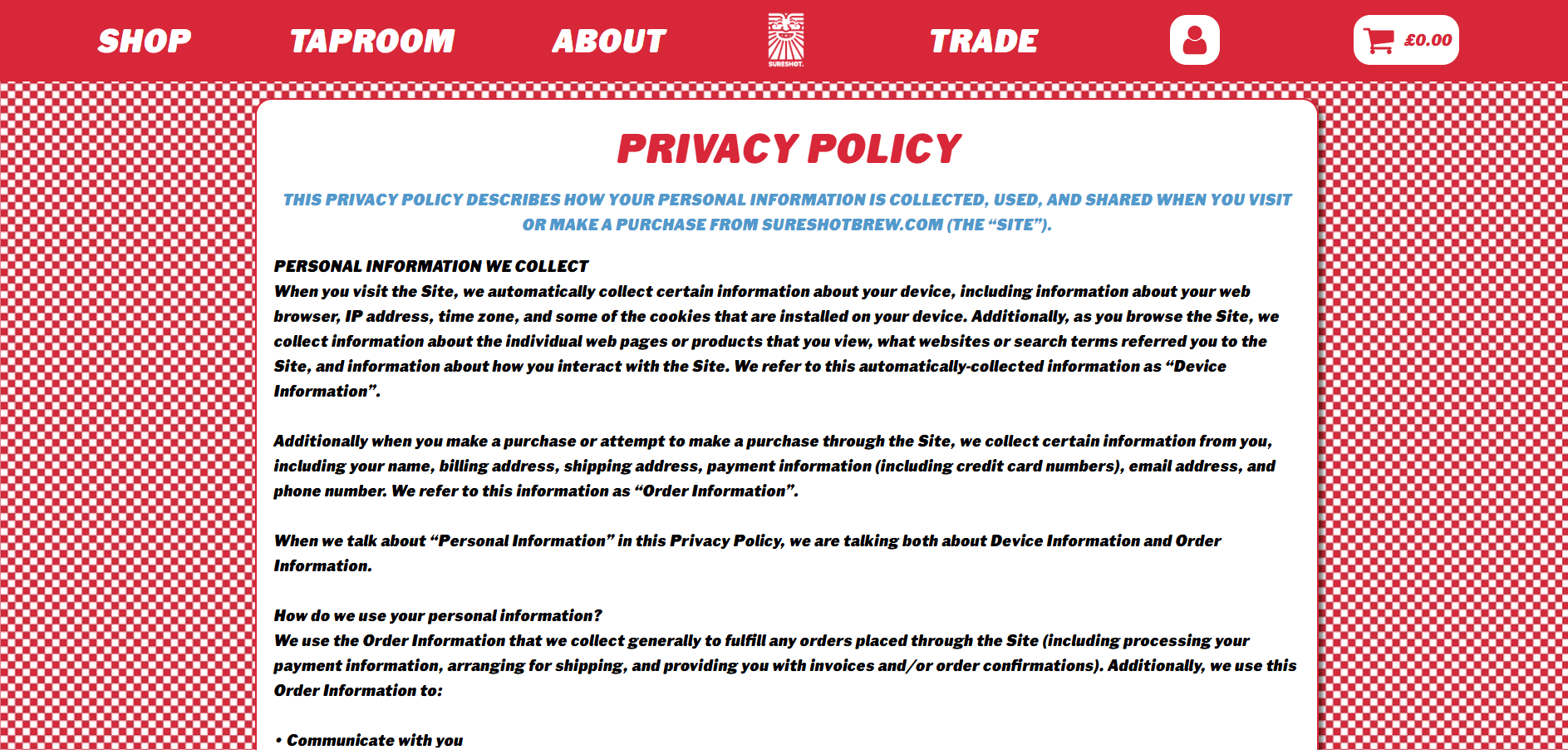 Sureshot Brewing Company's Privacy Policy page.