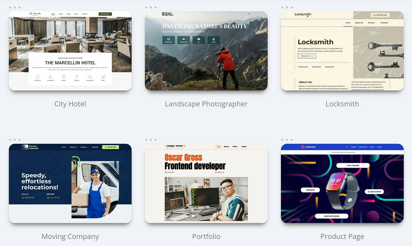 A web page with different template samples