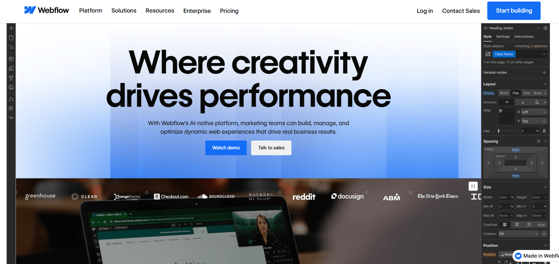 Webflow homepage. The central text reads. "Where creativity drives performance" along with a description of Webflow's capabilities. The screen visually demonstrates the Webflow builder, with parts of its dashboard visible on the right and bottom, as if designing the very page itself.