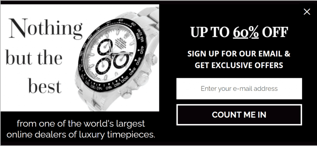 A popup for luxury watches offering 60% off for signing up to their newsletters