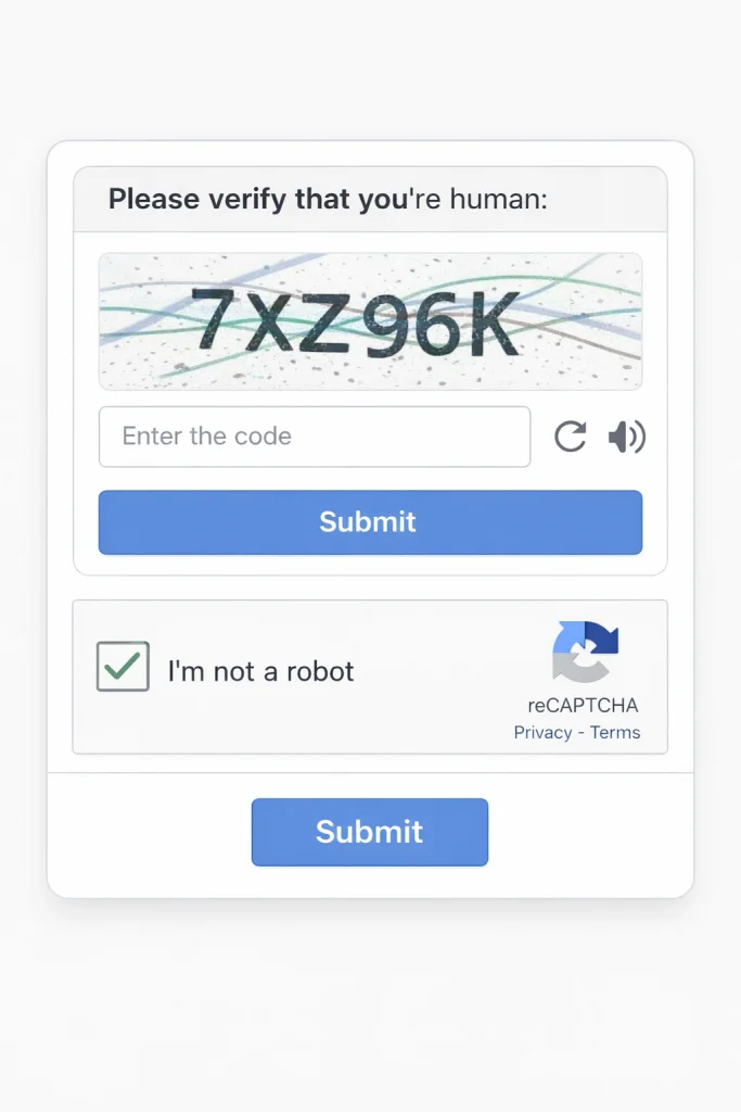 Code-based CAPTCHA and “I’m not a robot” reCAPTCHA verification (WordPress security best practices)