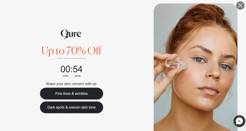 Countdown landing page popup with limited‑time skincare discount and guided concern selection