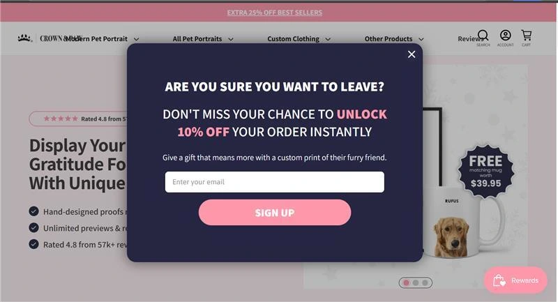 Exit‑intent landing page popup offering 10% off with email signup on Crown & Paw website