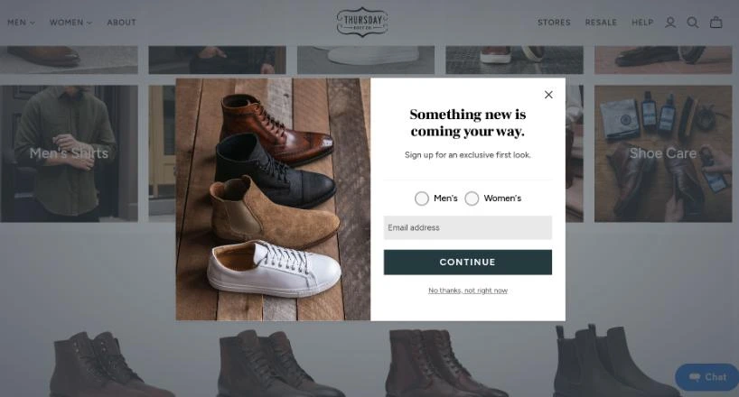 Personalized landing page popup asking visitors to choose men’s or women’s products before signup