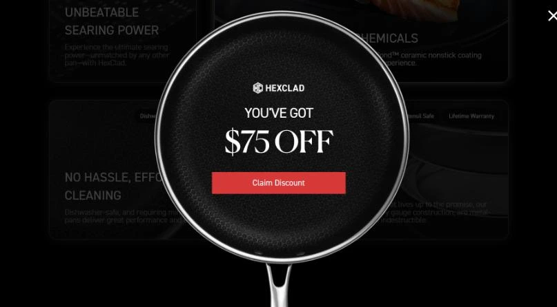 Product‑focused landing page popup showing a $75 discount inside a HexClad pan visual