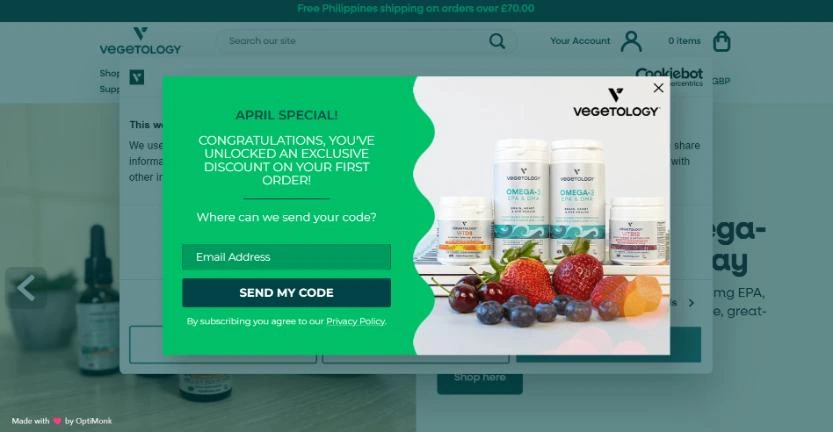 Seasonal landing page popup promoting an April special discount with product imagery