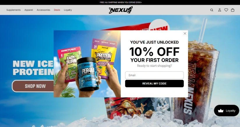 Welcome landing page popup offering 10% off first order with simple email capture