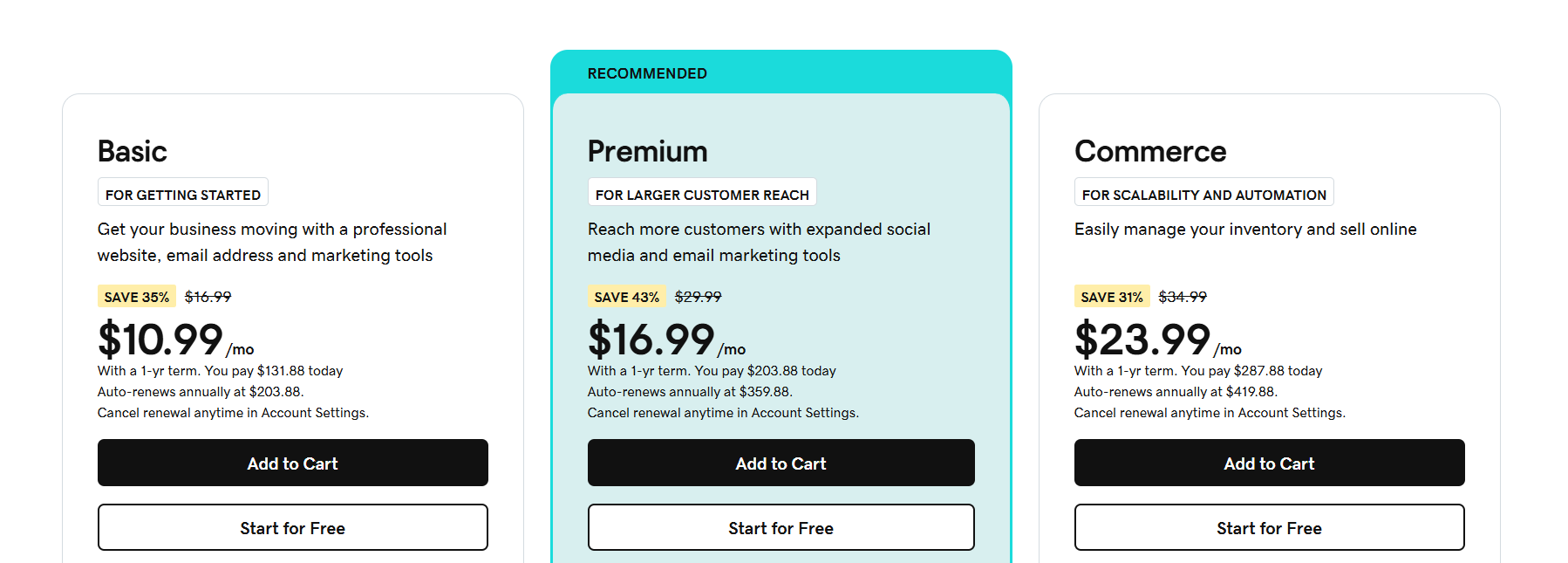 GoDaddy website builder pricing screenshot