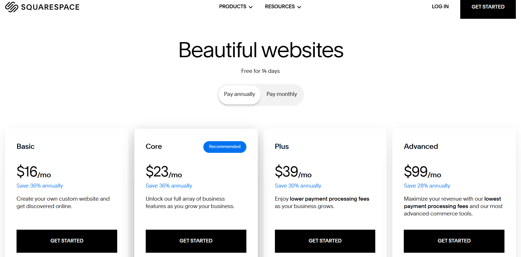 Squarespace pricing screenshot