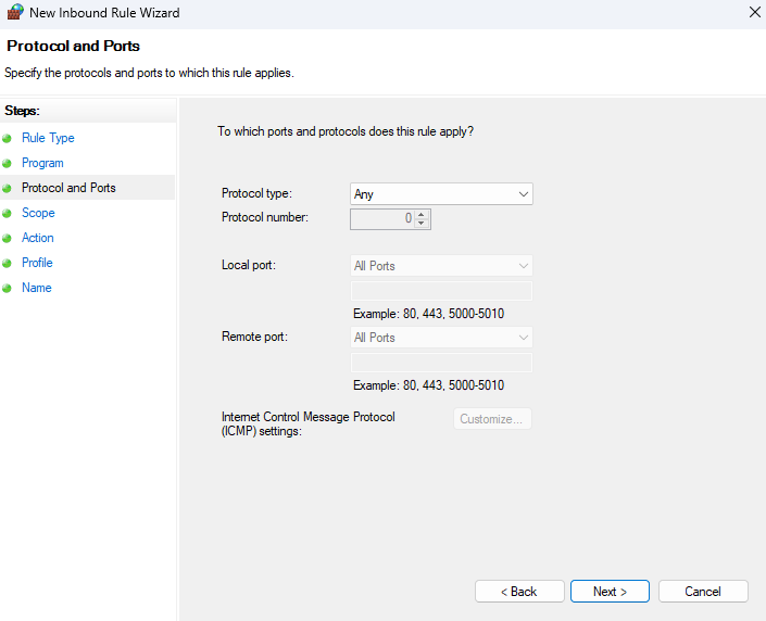 Protocol and ports window