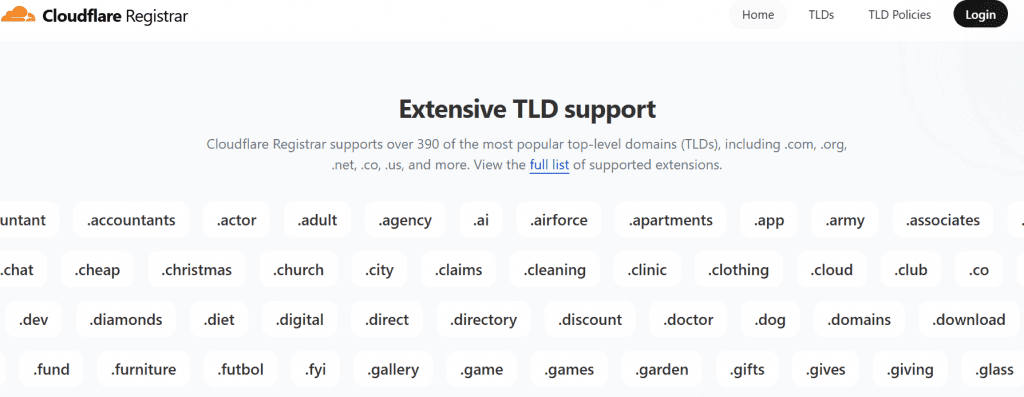 Cloudflare Registrar page showing extensive TLD support and domain extensions list.