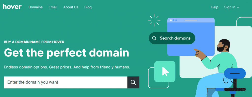 Hover homepage promoting domain search with tagline ‘Get the perfect domain’ and user-friendly interface.