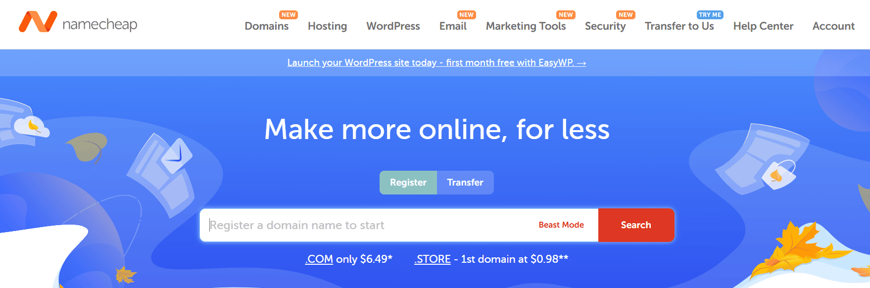 Namecheap homepage showing domain registration, hosting, and EasyWP WordPress deals