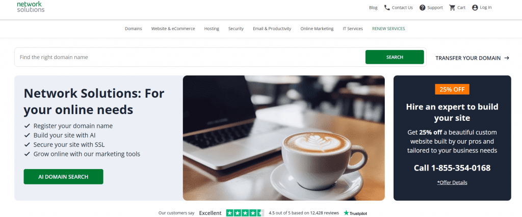 Network Solutions webpage offering domain registration, SSL, and custom website design discount