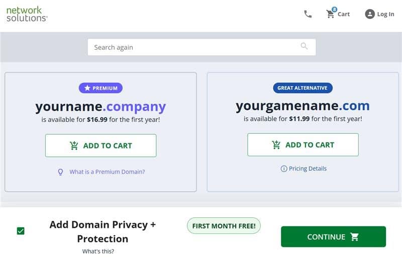 Screenshot of domain name suggestions